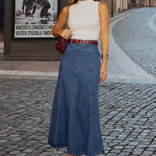 👗 50 % DE RÉDUCTION ! ✨ Jupe longue en jean taille haute coupe trapèze pour femme – Coupe flatteuse, confort extensible et style polyvalent 👖