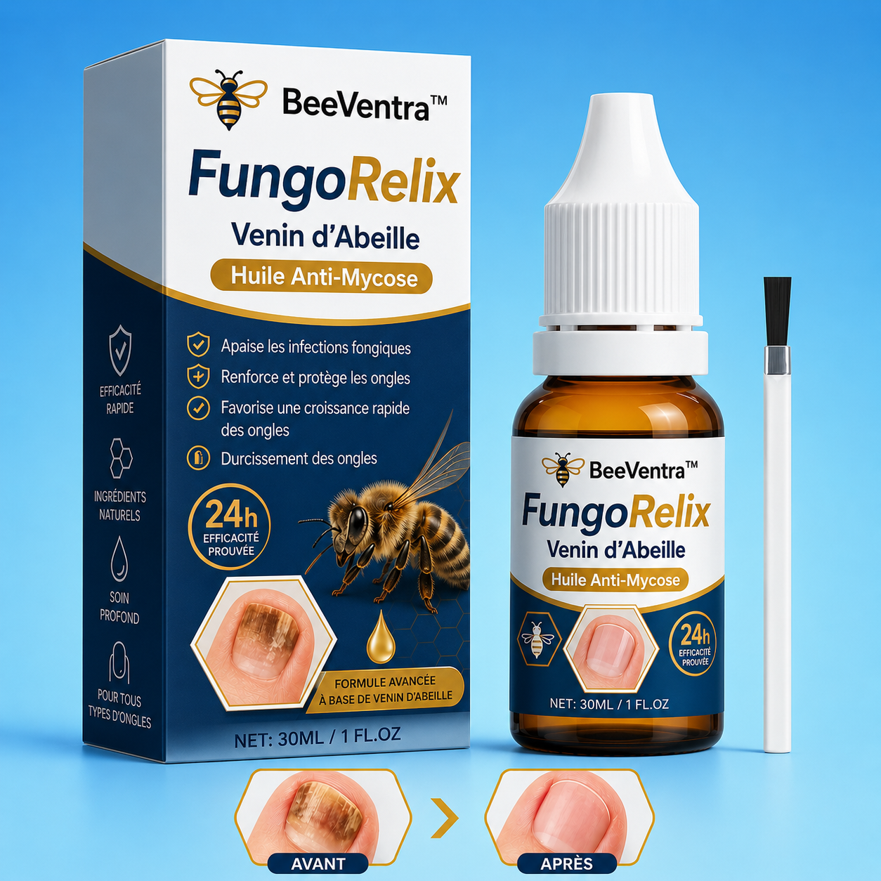 BeeVentra™ Fungo Relix Huile Anti-Mycose au Venin d’Abeille | Élimine champignons et ongles jaunes en 7 jours!