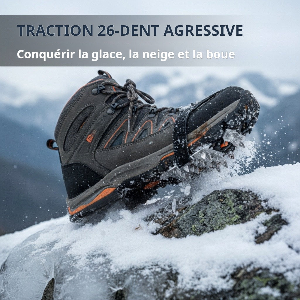 Crampons 26 Dents en Acier de Manganèse 🥾 | Plaques Antidérapantes en Acier Inoxydable ⚙️ | Performance sur Glace, Neige, Boue et Escalade ❄️🧗 | Compatibles avec Surchaussures