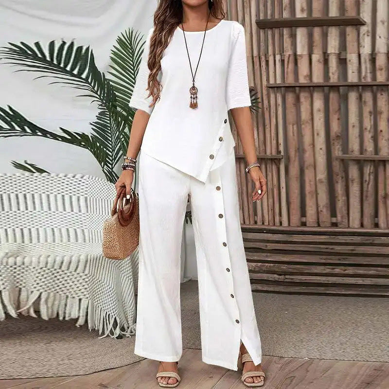👚 55% DE RÉDUCTION! 🌸 Ensemble Deux Pièces pour Femme – Top avec Ourlet Asymétrique & Pantalon à Jambes Larges, Look Moderne & Confortable 💃