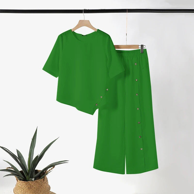 👚 55% DE RÉDUCTION! 🌸 Ensemble Deux Pièces pour Femme – Top avec Ourlet Asymétrique & Pantalon à Jambes Larges, Look Moderne & Confortable 💃
