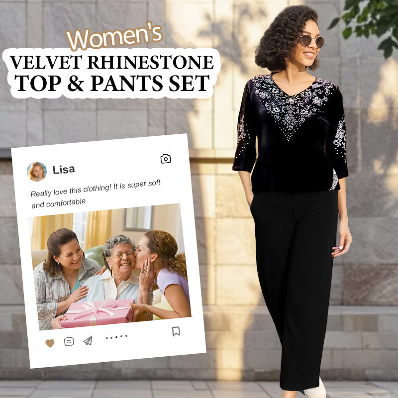 💎 Ensemble Top & Pantalon en Velours avec Strass pour Femme – Nouveau Design 2026, Élégance Brillante & Confort Respirant