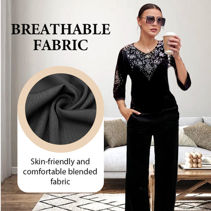 💎 Ensemble Top & Pantalon en Velours avec Strass pour Femme – Nouveau Design 2026, Élégance Brillante & Confort Respirant