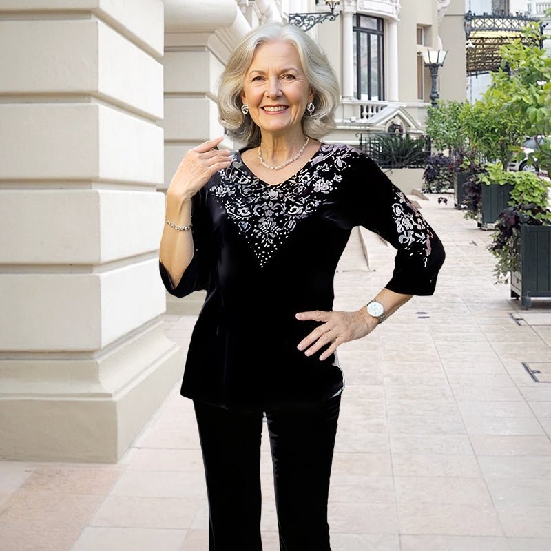 💎 Ensemble Top & Pantalon en Velours avec Strass pour Femme – Nouveau Design 2026, Élégance Brillante & Confort Respirant