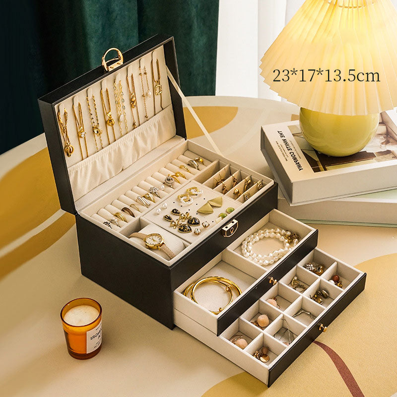 Boîte à bijoux spacieuse en cuir PU avec serrure — rangement élégant pour boucles d’oreilles et colliers