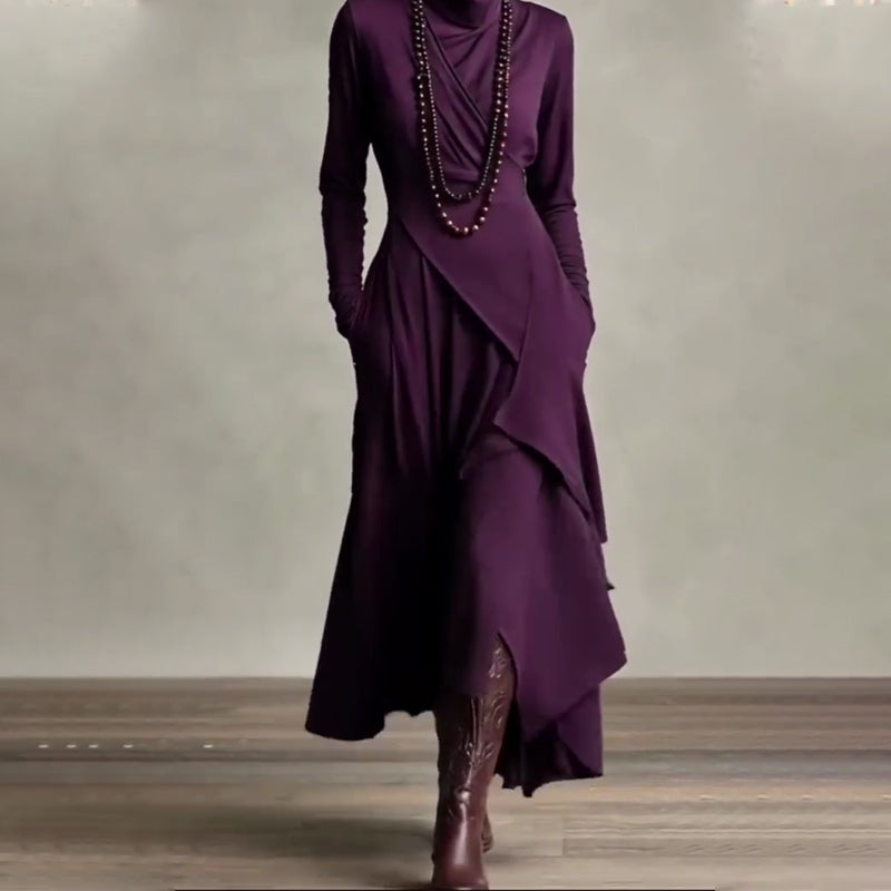 📢📢40 % de réduction !!!✨Robe longue asymétrique drapée à col haut élégante pour femme
