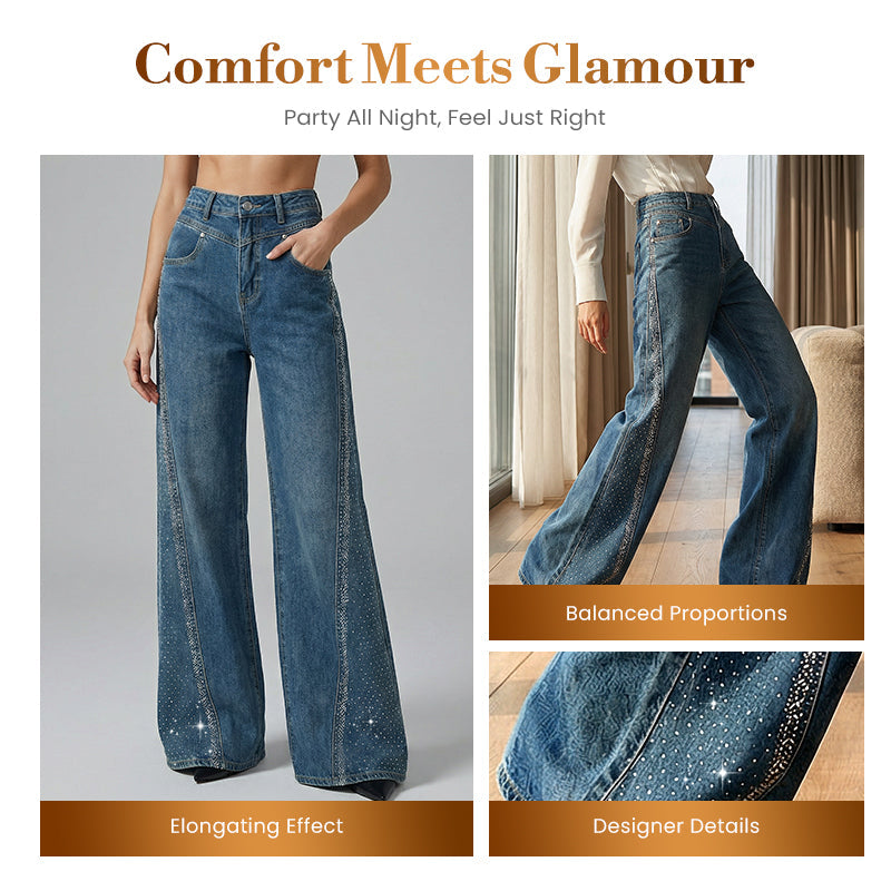 ✨🔥Jean large à jambes larges pour femme, orné de strass👖