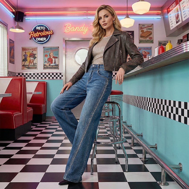 ✨🔥Jean large à jambes larges pour femme, orné de strass👖
