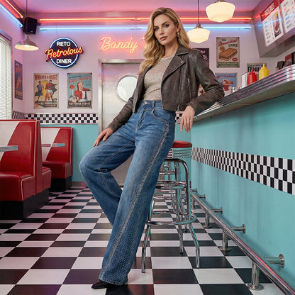 ✨🔥Jean large à jambes larges pour femme, orné de strass👖