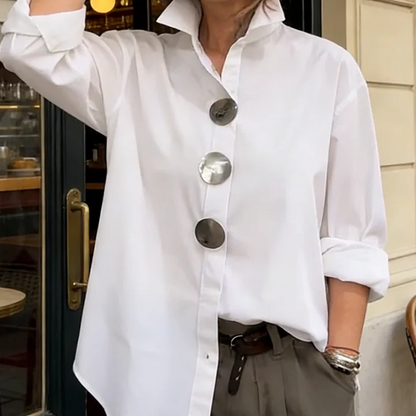 💎 50% DE RÉDUCTION – TEMPS LIMITÉ ! 💎 Chemise Oversize pour Femme avec Boutons Décoratifs – Col Montant, Ourlet Courbé & Polyester Anti-Froissement 👚✨