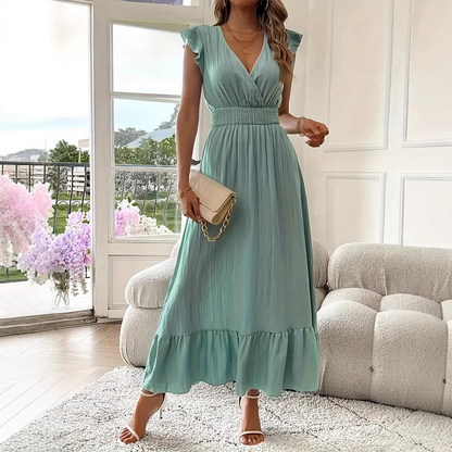 👗50 % de réduction✨Robe longue à col en V avec taille froncée et volants
