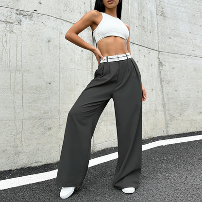 Pantalon large et élégant 💃 Ceinture bicolore + taille haute ✨ Parfait pour le travail ou le shopping 👜