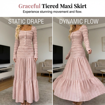 💐50 % de réduction + livraison gratuite🌺Robe Longue à Volants – Corsage Froncé & Encolure Carrée🌺💎【Édition Limitée】