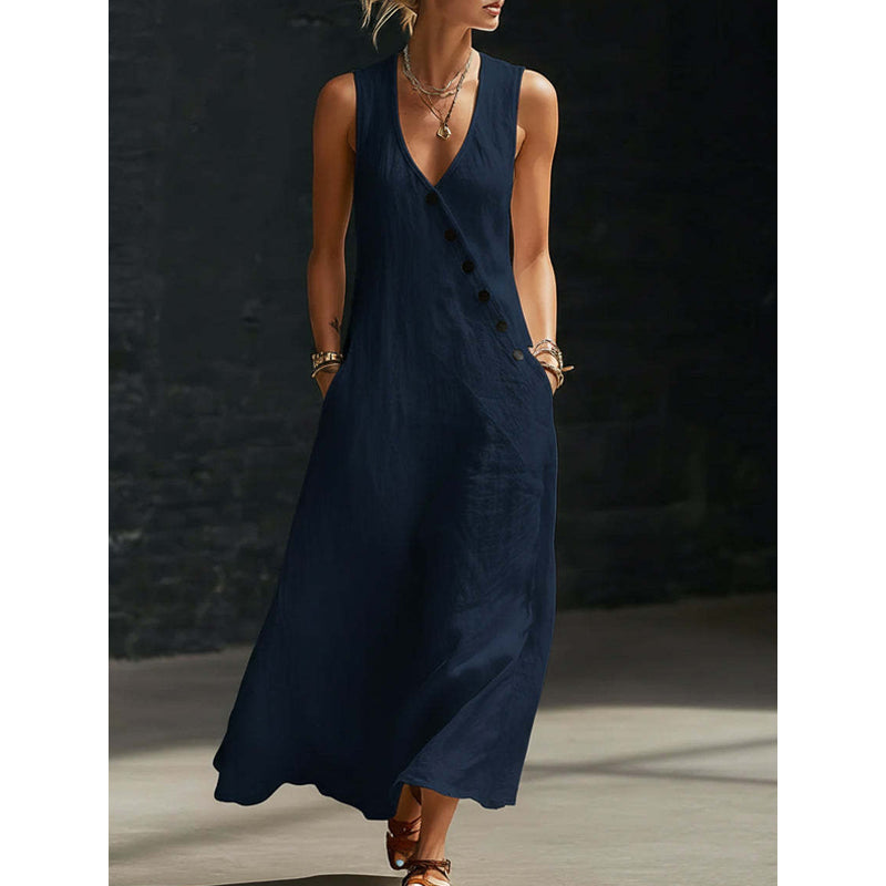 👗⏰ 50% DE RÉDUCTION ! Robe Longue Femme en Coton-Lin – Col en V, Boutons Asymétriques & Poches, Coupe Fluide pour l'Été 🌊