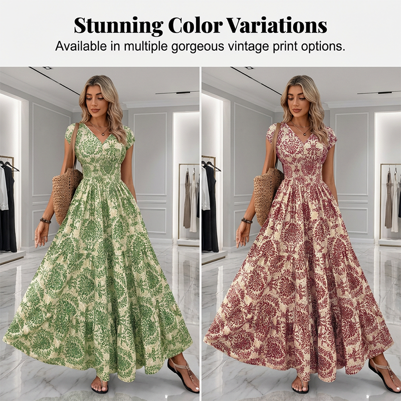 👗 PROMO FLASH : -50% ! 🔥 Robe Longue Femme – Col en V, Imprimé Floral & Taille Froncée, Tissu Léger et Respirant 🍁