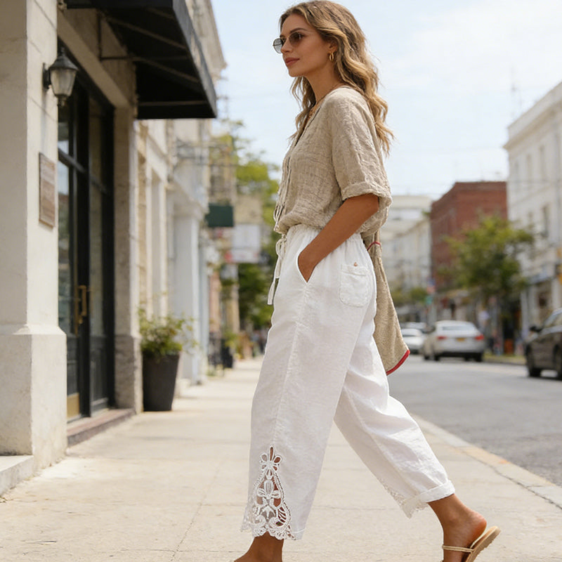 ✨🔥Pantalon à cordon de serrage avec bordure en dentelle pour femme