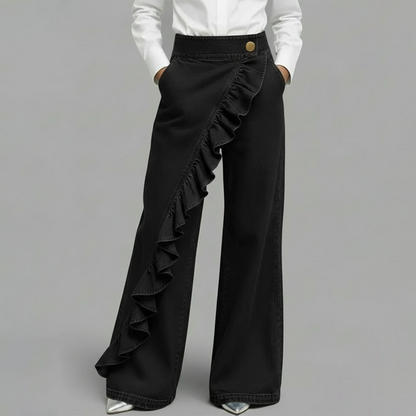 👖 OFFRE EXCLUSIVE : 50% DE RÉDUCTION ! 💃 Pantalon Denim Large à Volants Asymétriques – Coupe Taille Haute, Style Bohème & Tissu de Qualité 🌸