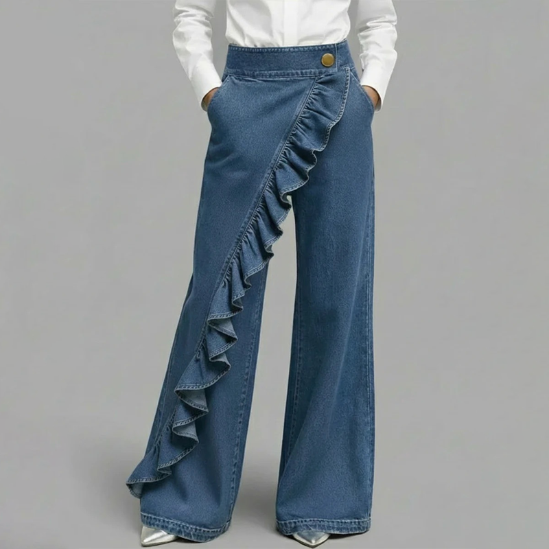 👖 OFFRE EXCLUSIVE : 50% DE RÉDUCTION ! 💃 Pantalon Denim Large à Volants Asymétriques – Coupe Taille Haute, Style Bohème & Tissu de Qualité 🌸