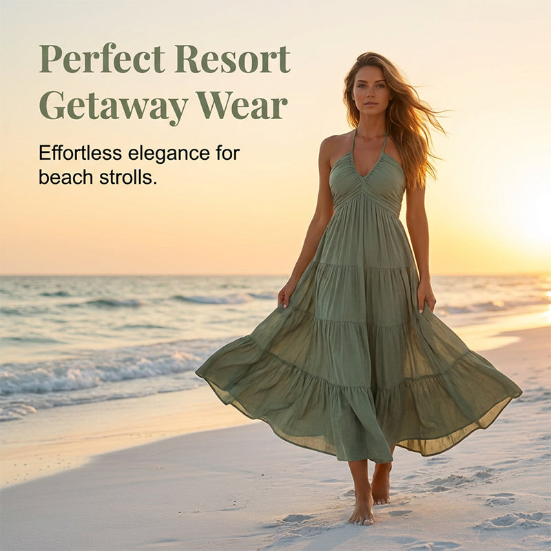 👗57 % de réduction + livraison gratuite à partir de 2 articles ! 🚚💨Robe longue à volants, dos nu et col licou pour femme
