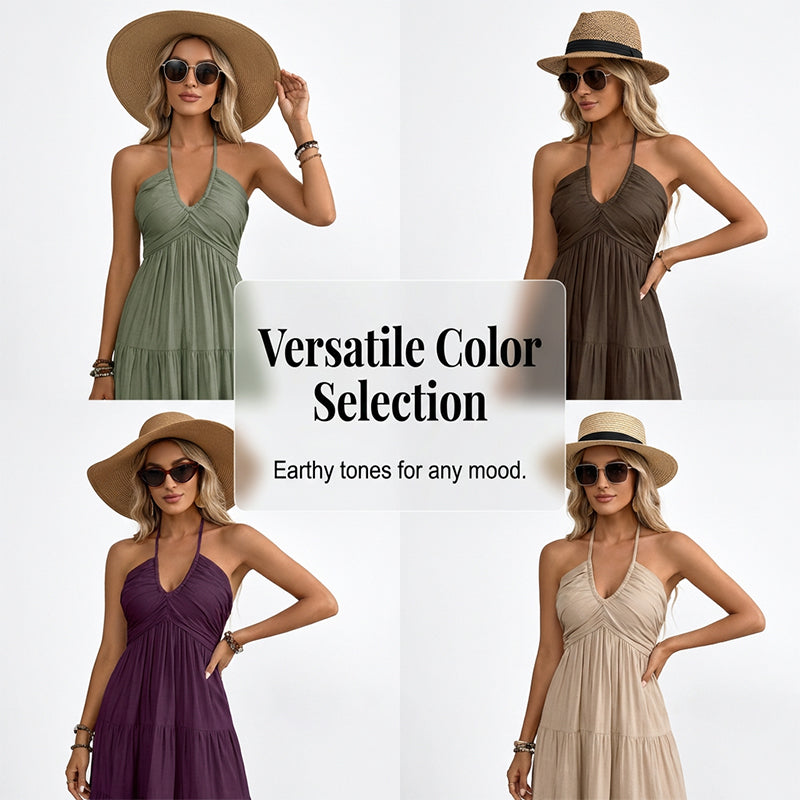 👗57 % de réduction + livraison gratuite à partir de 2 articles ! 🚚💨Robe longue à volants, dos nu et col licou pour femme
