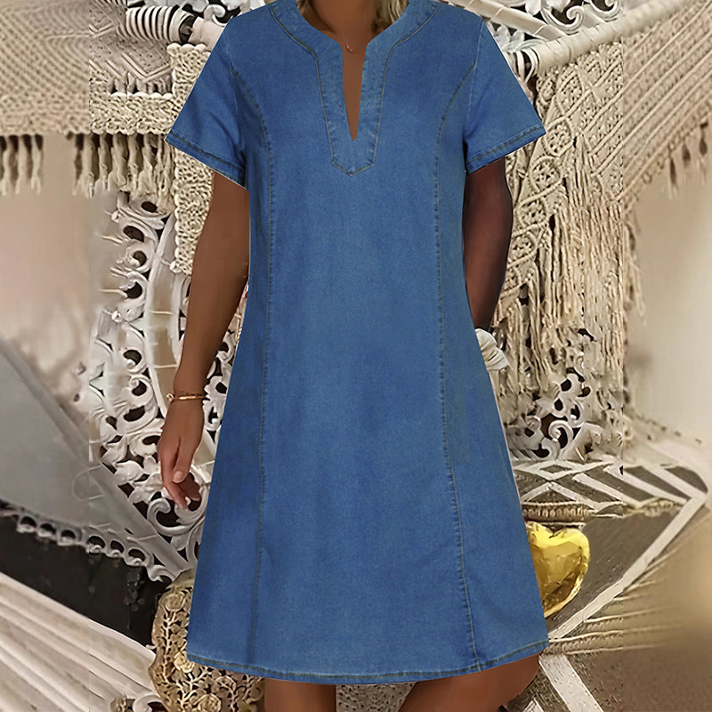 👗Robe en Denim pour Femmes – Col en V, Manches Courtes, Coupe Décontractée, Multi Tailles