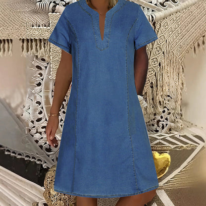 👗Robe en Denim pour Femmes – Col en V, Manches Courtes, Coupe Décontractée, Multi Tailles