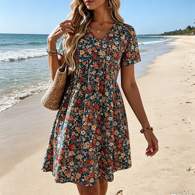💐50% DE RÉDUCTION ! Robe Florale Col V – Imprimé Romantique 🌸🦋【Offre Limitée】