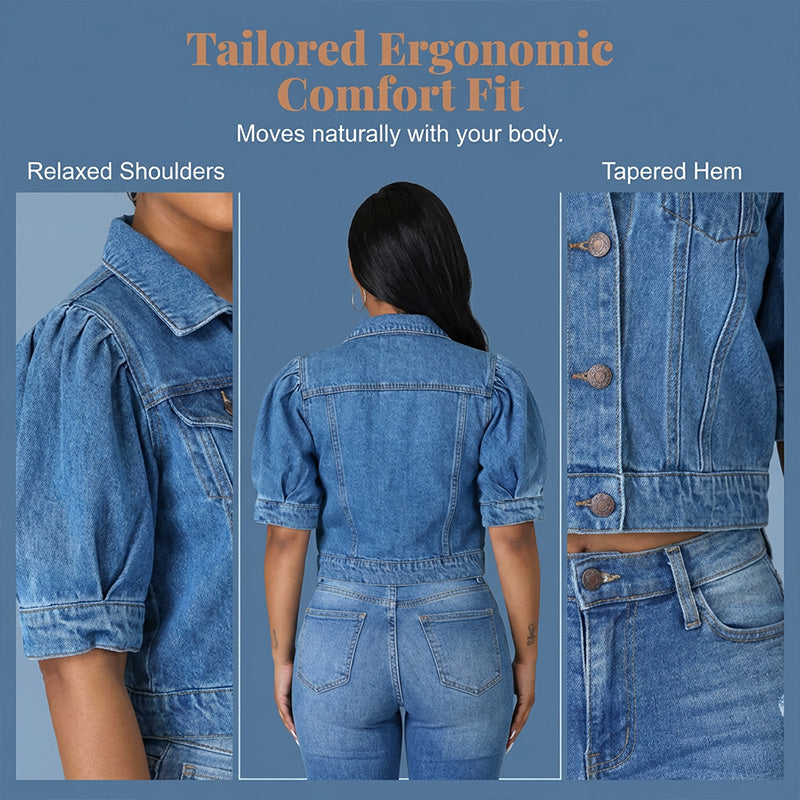 🌞🛍️ NOUVELLE COLLECTION : PROMO FLASH 50% ! Veste Jean Femme Taille Crop & Manches Gigot – Denim Souple, Coupe Flatteuse, Style Vintage Moderne 👒