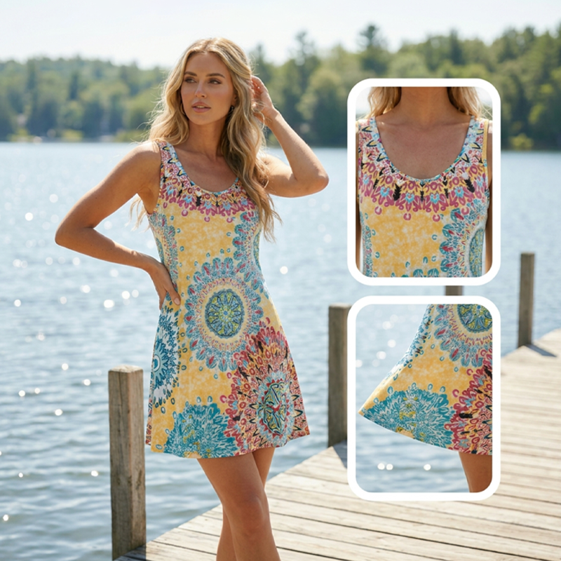 💐 PROMO EXCEPTIONNELLE -50% ! Robe Imprimée Sans Manches – Tissu Coton Léger, Tombé Fluide 🌺💨 【Offre Limitée】