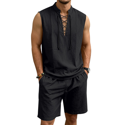 👕☀️ PROMO FLASH 50% ! Ensemble Homme en Lin – Haut sans Manches Lacé & Short, Tissu Respirant Naturel, 7 Couleurs, Style Bohème Chic & Vacances ✨