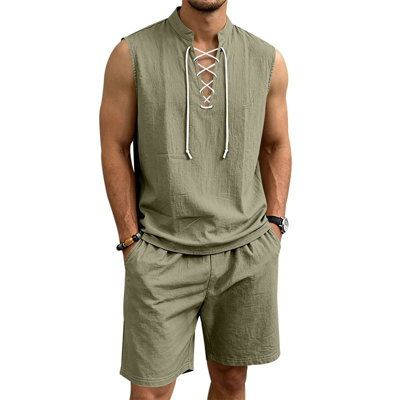👕☀️ PROMO FLASH 50% ! Ensemble Homme en Lin – Haut sans Manches Lacé & Short, Tissu Respirant Naturel, 7 Couleurs, Style Bohème Chic & Vacances ✨