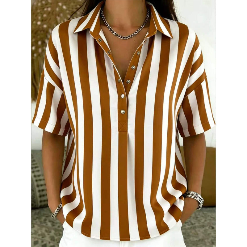 👕✨ PROMO LIMITÉE 50% DE RÉDUCTION ! Chemise Femme à Manches Courtes Rayées – Coupe Décontractée, Col en V, 9 Couleurs, Taille S-3XL, Polyvalente & Facile d'Entretien 🌸